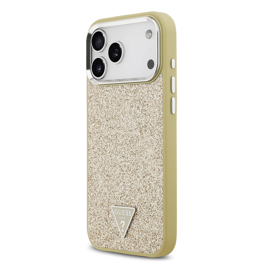 Apple iPhone 17 Pro Max Kılıf Guess Orjinal Lisanslı M-safe Şarj Özellikli Metal Kamera Çerçeveli Üçgen Logolu Glitter Kapak Pembe