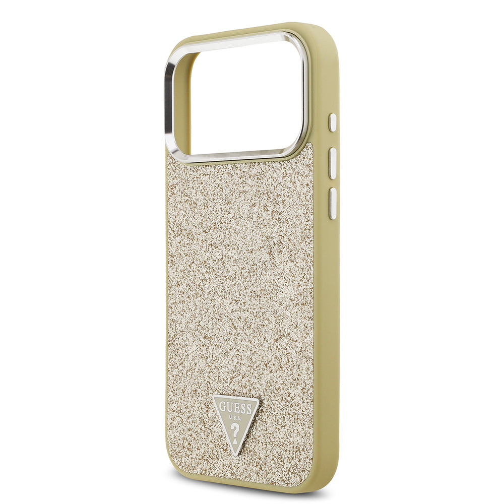 Apple iPhone 17 Pro Max Kılıf Guess Orjinal Lisanslı M-safe Şarj Özellikli Metal Kamera Çerçeveli Üçgen Logolu Glitter Kapak Siyah