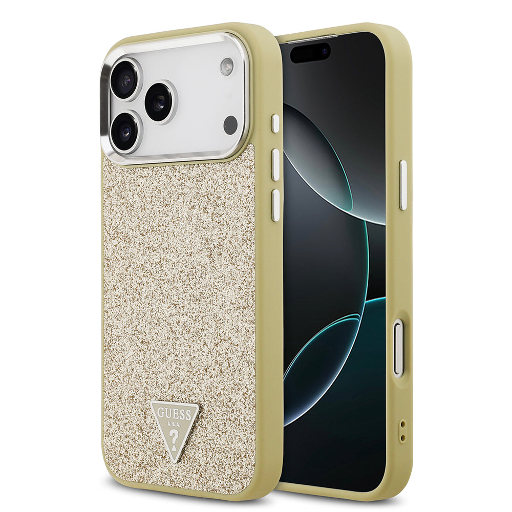 Apple iPhone 17 Pro Max Kılıf Guess Orjinal Lisanslı M-safe Şarj Özellikli Metal Kamera Çerçeveli Üçgen Logolu Glitter Kapak Gold