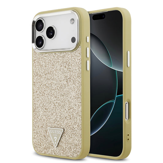 Apple iPhone 17 Pro Max Kılıf Guess Orjinal Lisanslı M-safe Şarj Özellikli Metal Kamera Çerçeveli Üçgen Logolu Glitter Kapak Gold