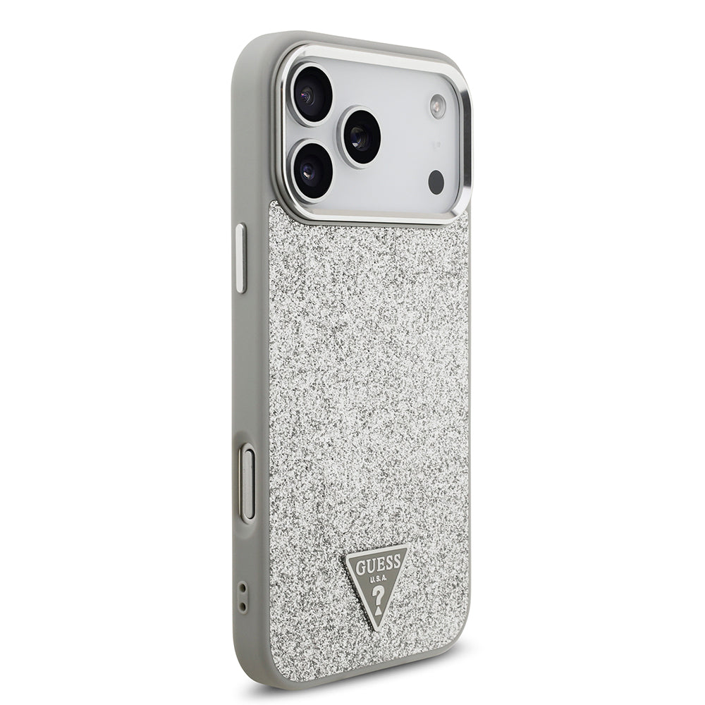 Apple iPhone 17 Pro Max Kılıf Guess Orjinal Lisanslı M-safe Şarj Özellikli Metal Kamera Çerçeveli Üçgen Logolu Glitter Kapak Siyah