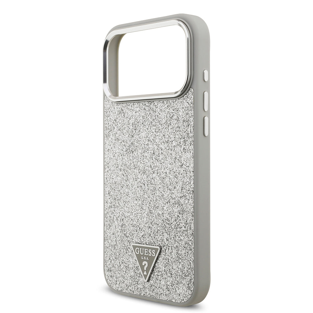 Apple iPhone 17 Pro Max Kılıf Guess Orjinal Lisanslı M-safe Şarj Özellikli Metal Kamera Çerçeveli Üçgen Logolu Glitter Kapak Siyah