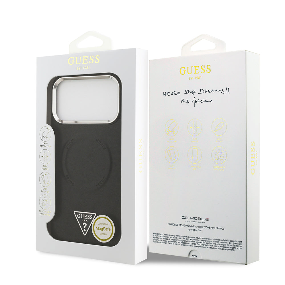 Apple iPhone 17 Pro Max Kılıf Guess Orjinal Lisanslı M-safe Şarj Özellikli PU Deri Metal Kamera Çerçeveli Üçgen Logolu Kapak Kahverengi