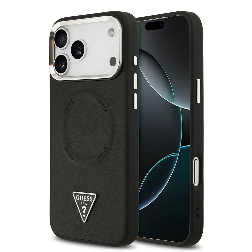Apple iPhone 17 Pro Max Kılıf Guess Orjinal Lisanslı M-safe Şarj Özellikli PU Deri Metal Kamera Çerçeveli Üçgen Logolu Kapak