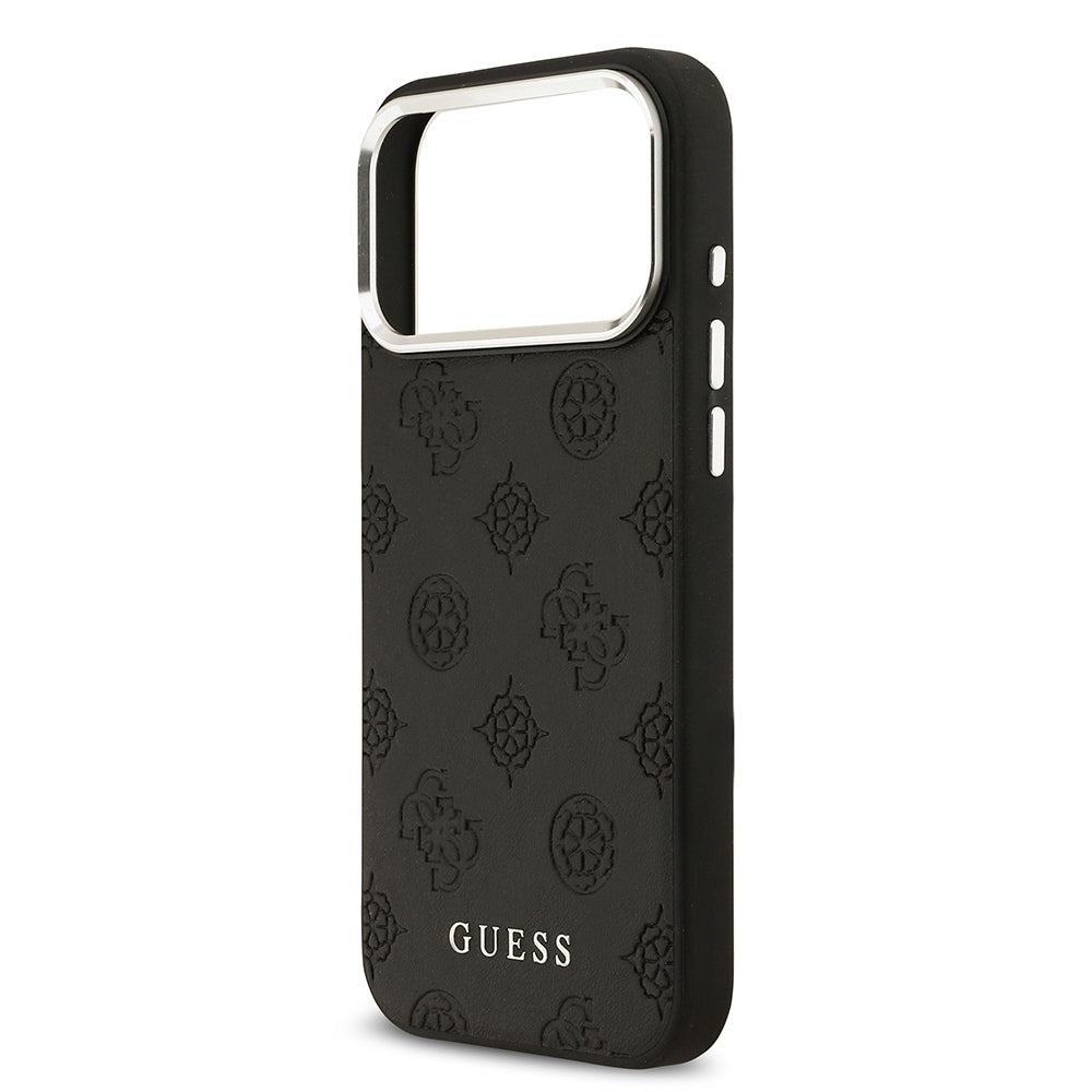 Apple iPhone 17 Pro Max Kılıf Guess Orjinal Lisanslı M-safe Şarj Özellikli Sıcak Baskılı Klasik Yazı Logolu PU Deri Peony Kapak Siyah