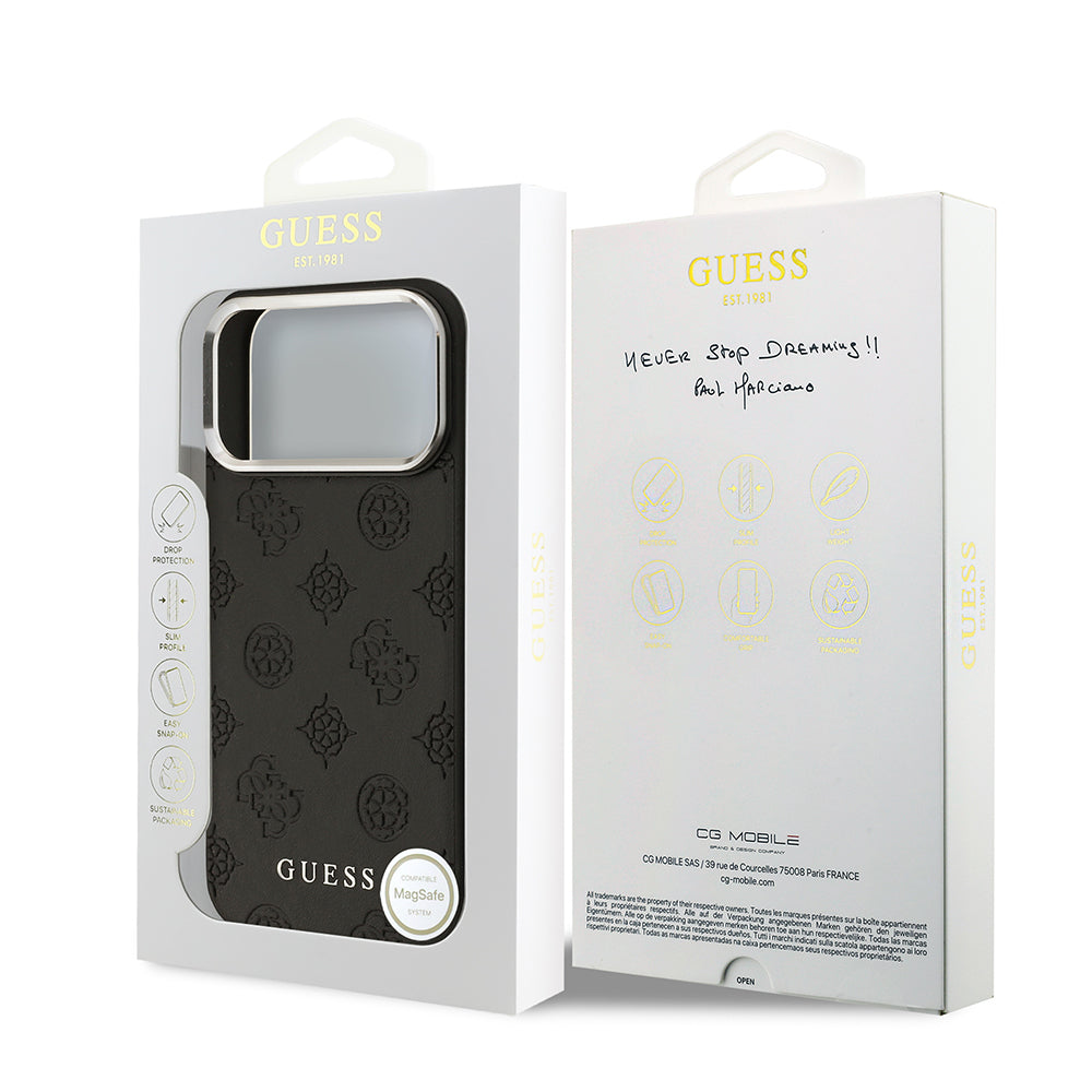 Apple iPhone 17 Pro Max Kılıf Guess Orjinal Lisanslı M-safe Şarj Özellikli Sıcak Baskılı Klasik Yazı Logolu PU Deri Peony Kapak Bej