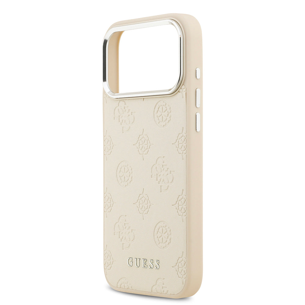 Apple iPhone 17 Pro Max Kılıf Guess Orjinal Lisanslı M-safe Şarj Özellikli Sıcak Baskılı Klasik Yazı Logolu PU Deri Peony Kapak Bej