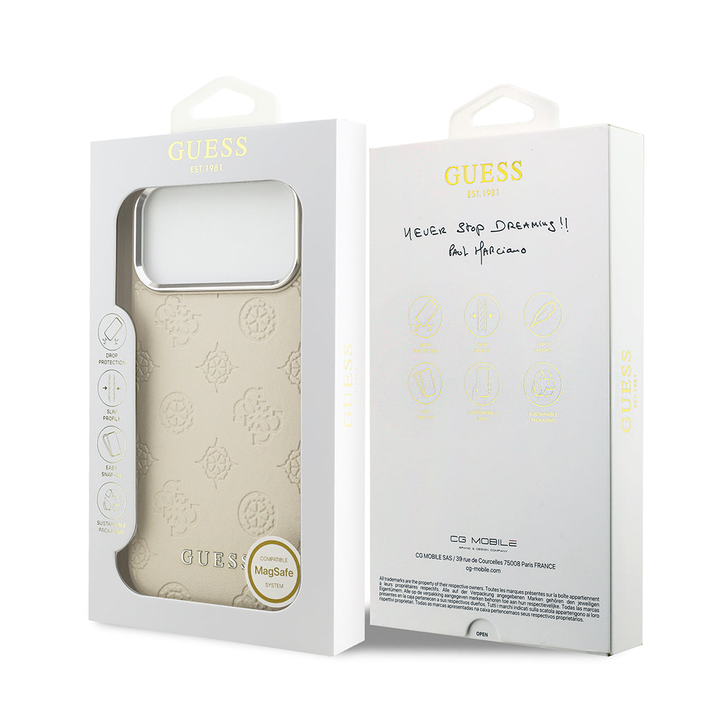 Apple iPhone 17 Pro Max Kılıf Guess Orjinal Lisanslı M-safe Şarj Özellikli Sıcak Baskılı Klasik Yazı Logolu PU Deri Peony Kapak Siyah