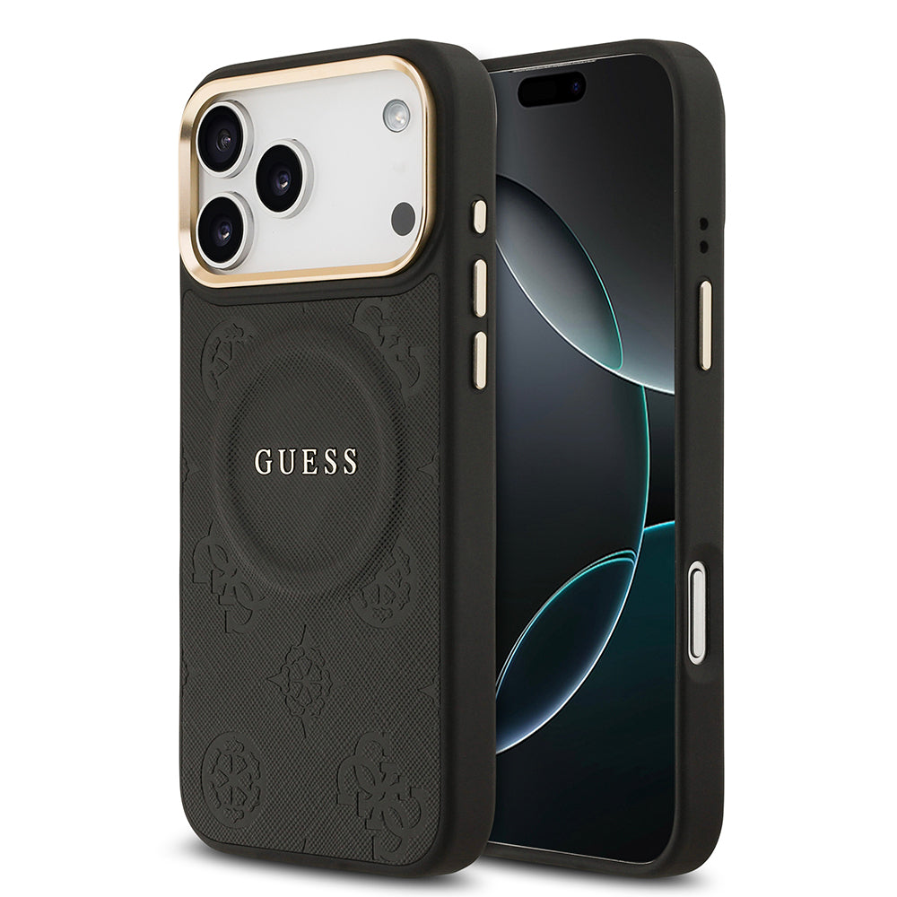 Apple iPhone 17 Pro Max Kılıf Guess Orjinal Lisanslı M-safe Şarj Özellikli Sıcak Baskılı Yazı Logolu PU Deri Peony Kapak Kahverengi