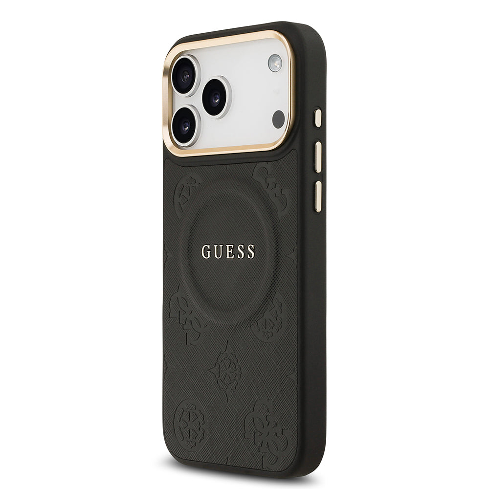 Apple iPhone 17 Pro Max Kılıf Guess Orjinal Lisanslı M-safe Şarj Özellikli Sıcak Baskılı Yazı Logolu PU Deri Peony Kapak Pembe