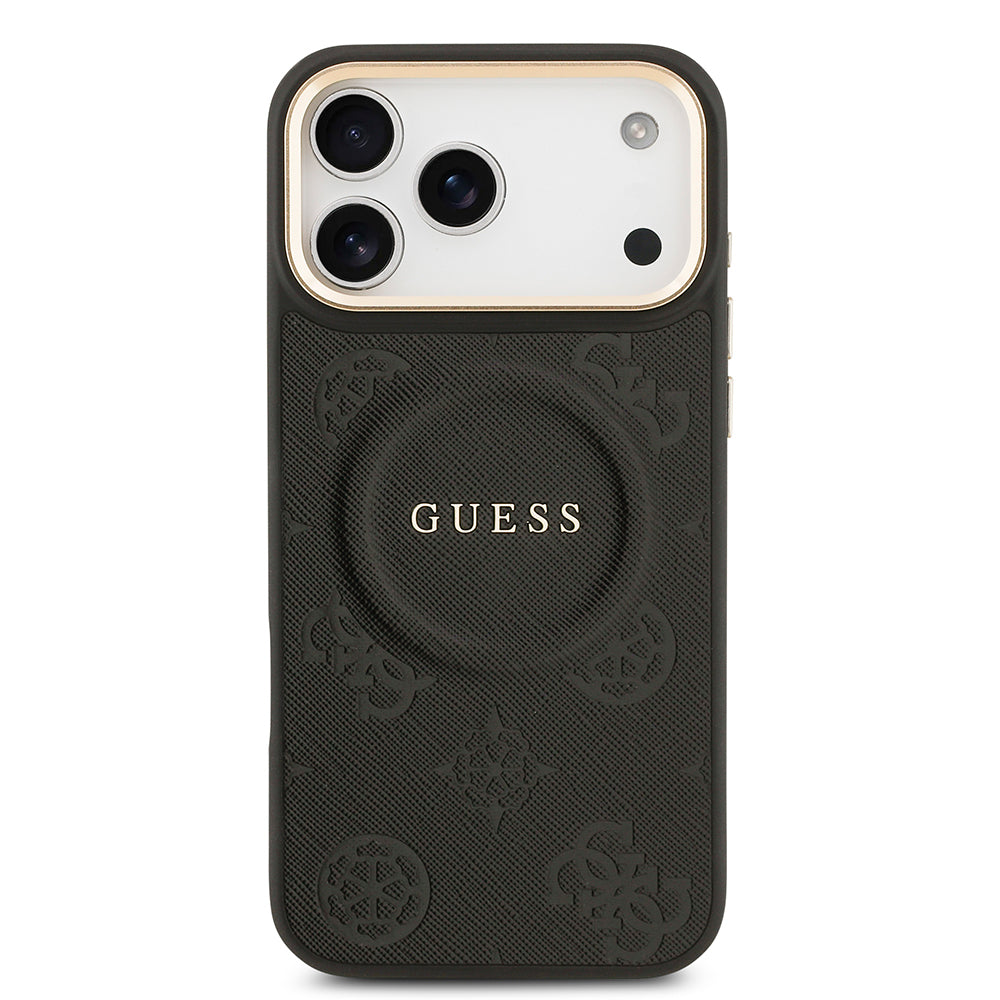 Apple iPhone 17 Pro Max Kılıf Guess Orjinal Lisanslı M-safe Şarj Özellikli Sıcak Baskılı Yazı Logolu PU Deri Peony Kapak Pembe