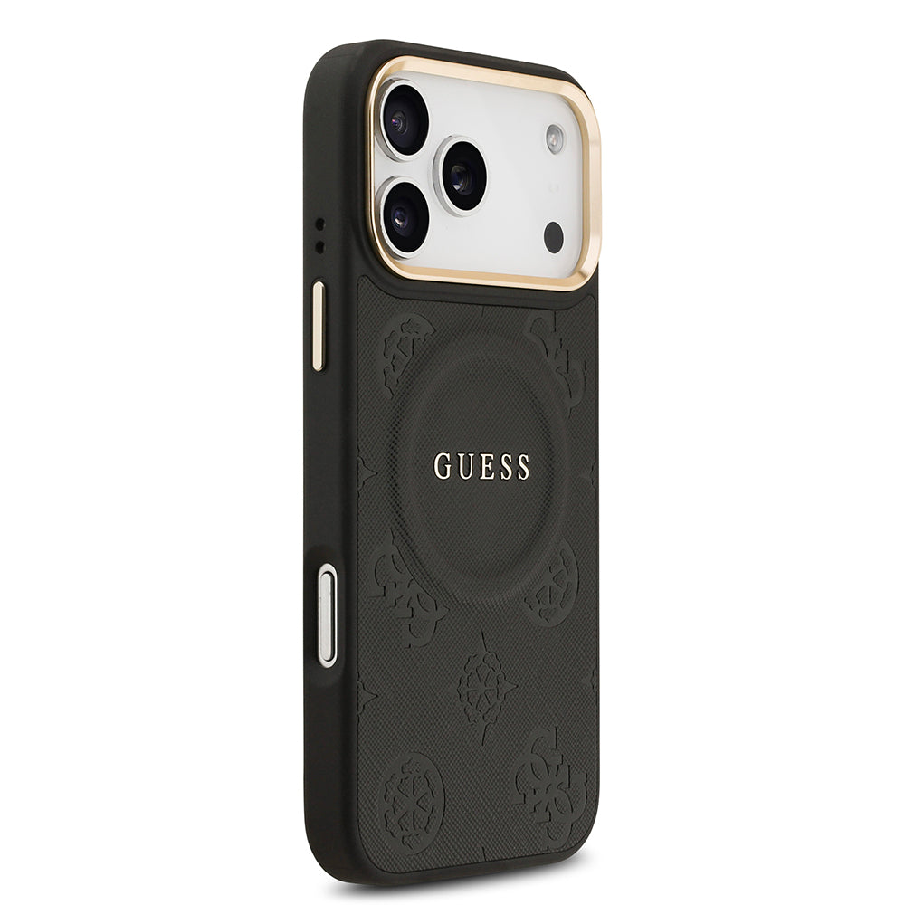 Apple iPhone 17 Pro Max Kılıf Guess Orjinal Lisanslı M-safe Şarj Özellikli Sıcak Baskılı Yazı Logolu PU Deri Peony Kapak Kahverengi
