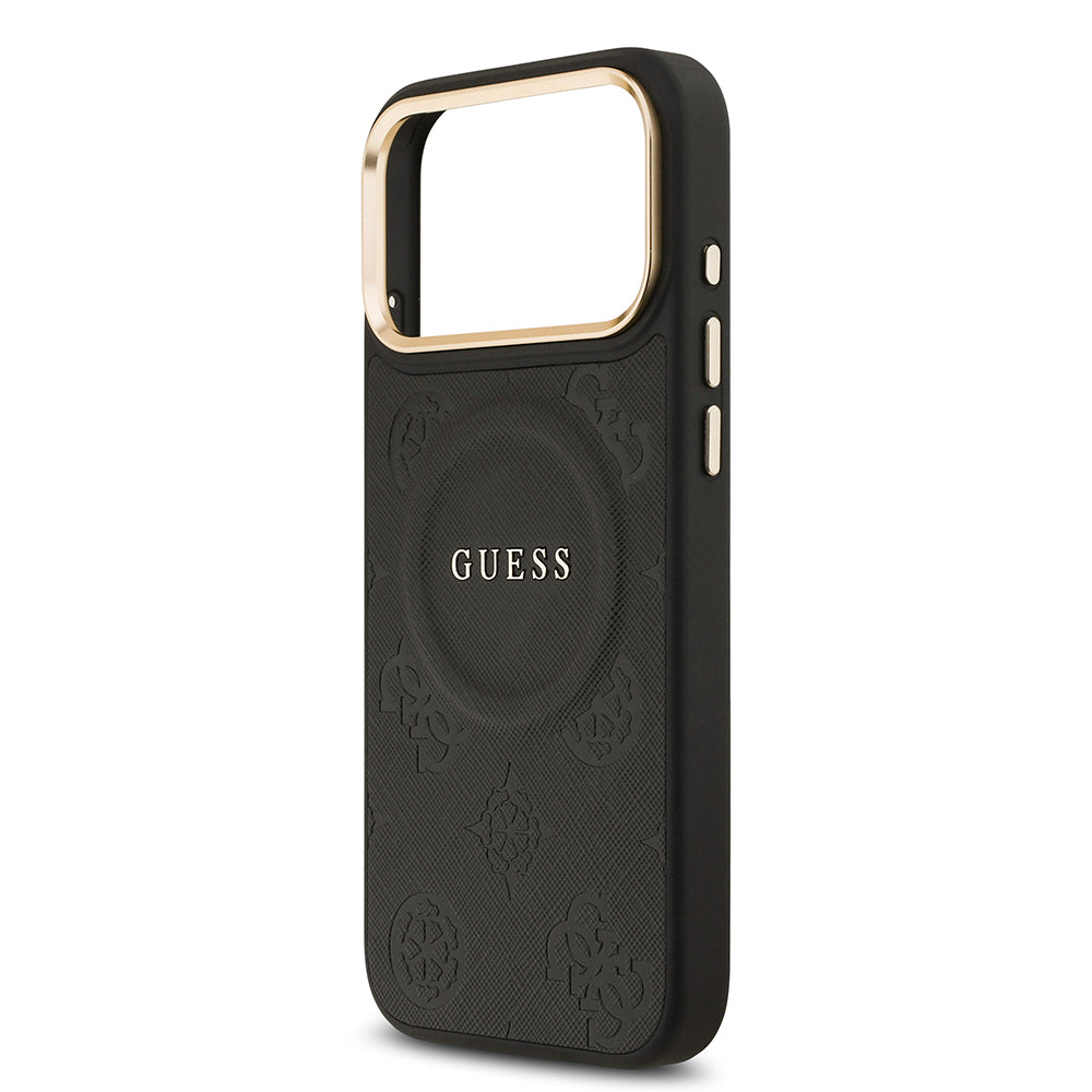 Apple iPhone 17 Pro Max Kılıf Guess Orjinal Lisanslı M-safe Şarj Özellikli Sıcak Baskılı Yazı Logolu PU Deri Peony Kapak Pembe
