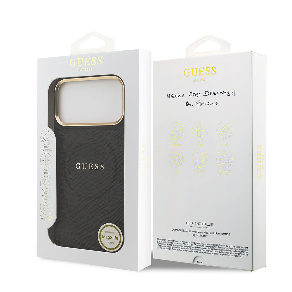 Apple iPhone 17 Pro Max Kılıf Guess Orjinal Lisanslı M-safe Şarj Özellikli Sıcak Baskılı Yazı Logolu PU Deri Peony Kapak Pembe
