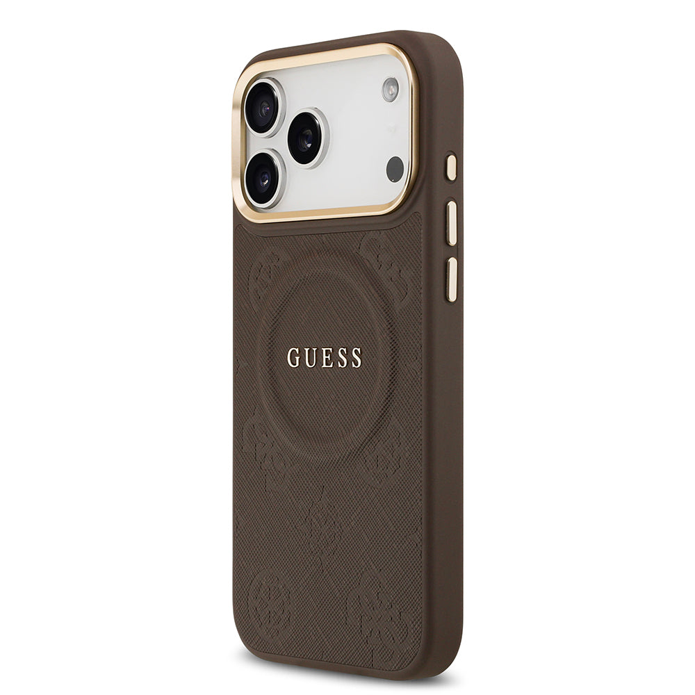 Apple iPhone 17 Pro Max Kılıf Guess Orjinal Lisanslı M-safe Şarj Özellikli Sıcak Baskılı Yazı Logolu PU Deri Peony Kapak Pembe