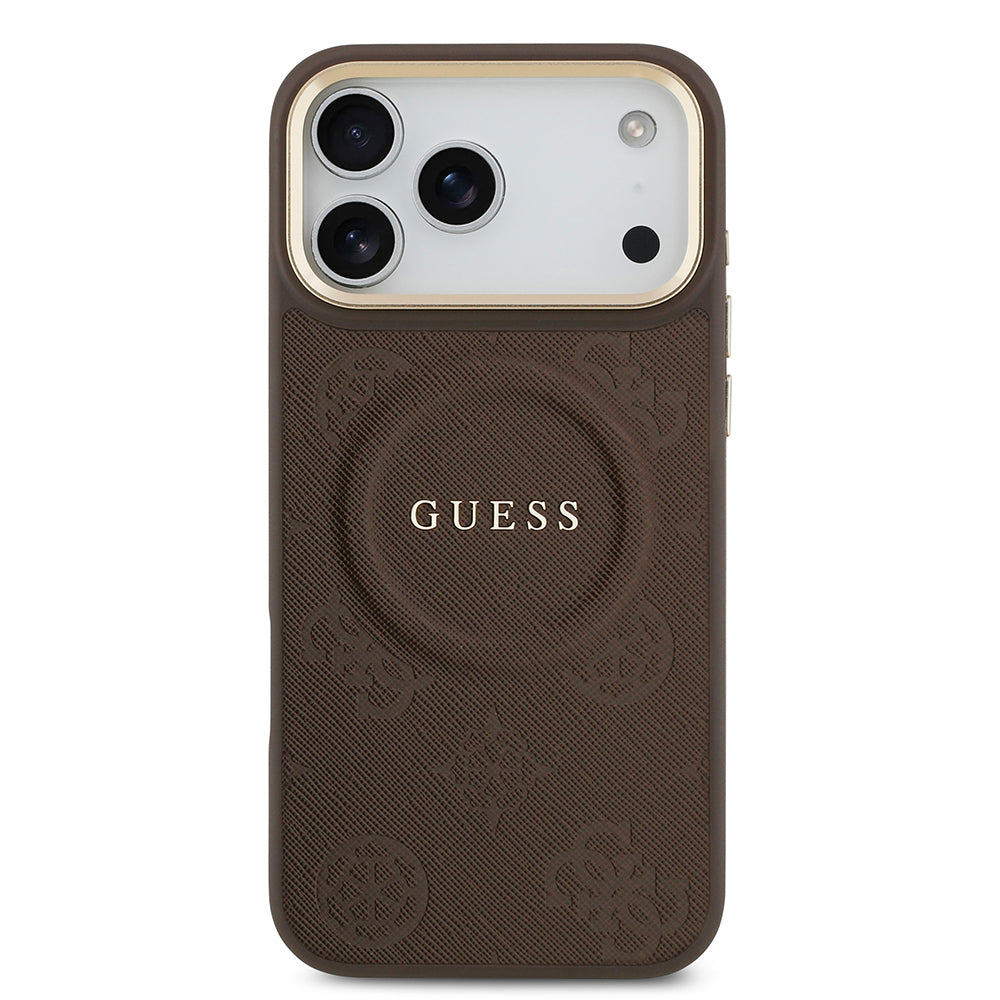 Apple iPhone 17 Pro Max Kılıf Guess Orjinal Lisanslı M-safe Şarj Özellikli Sıcak Baskılı Yazı Logolu PU Deri Peony Kapak Pembe