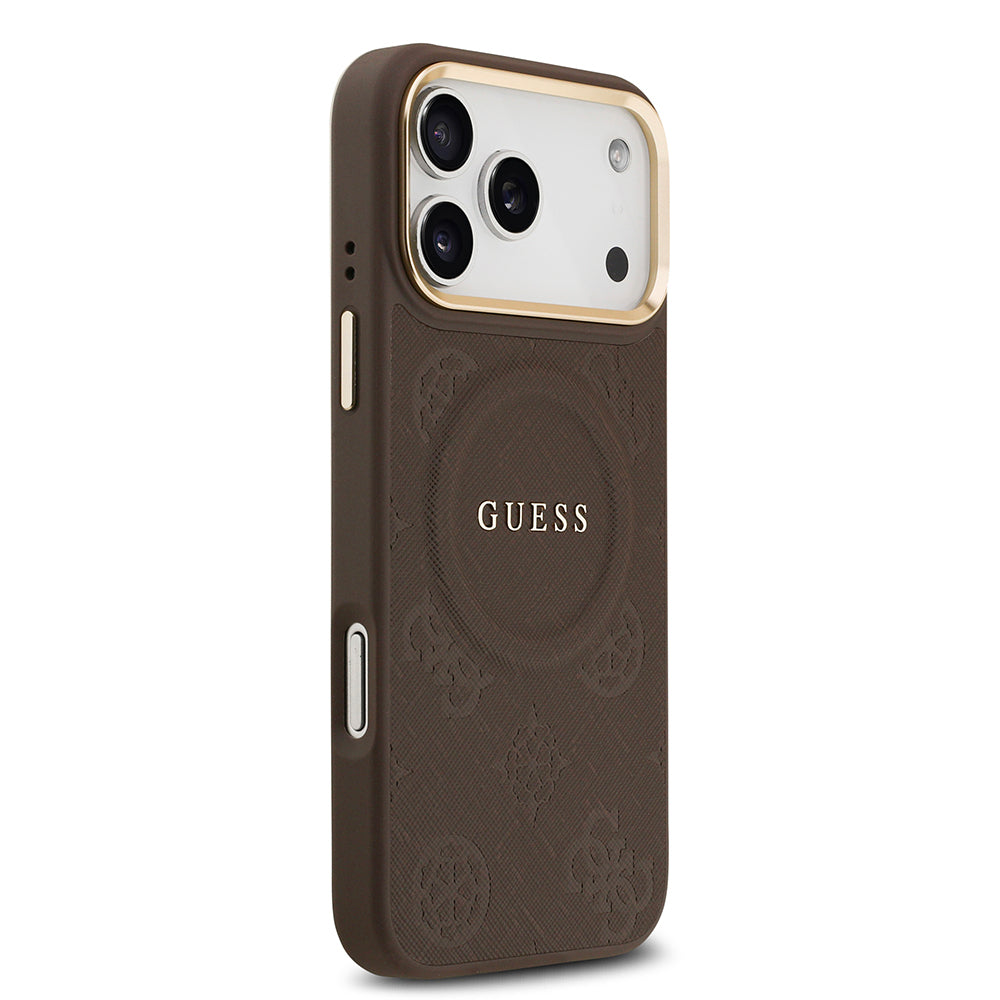 Apple iPhone 17 Pro Max Kılıf Guess Orjinal Lisanslı M-safe Şarj Özellikli Sıcak Baskılı Yazı Logolu PU Deri Peony Kapak Pembe