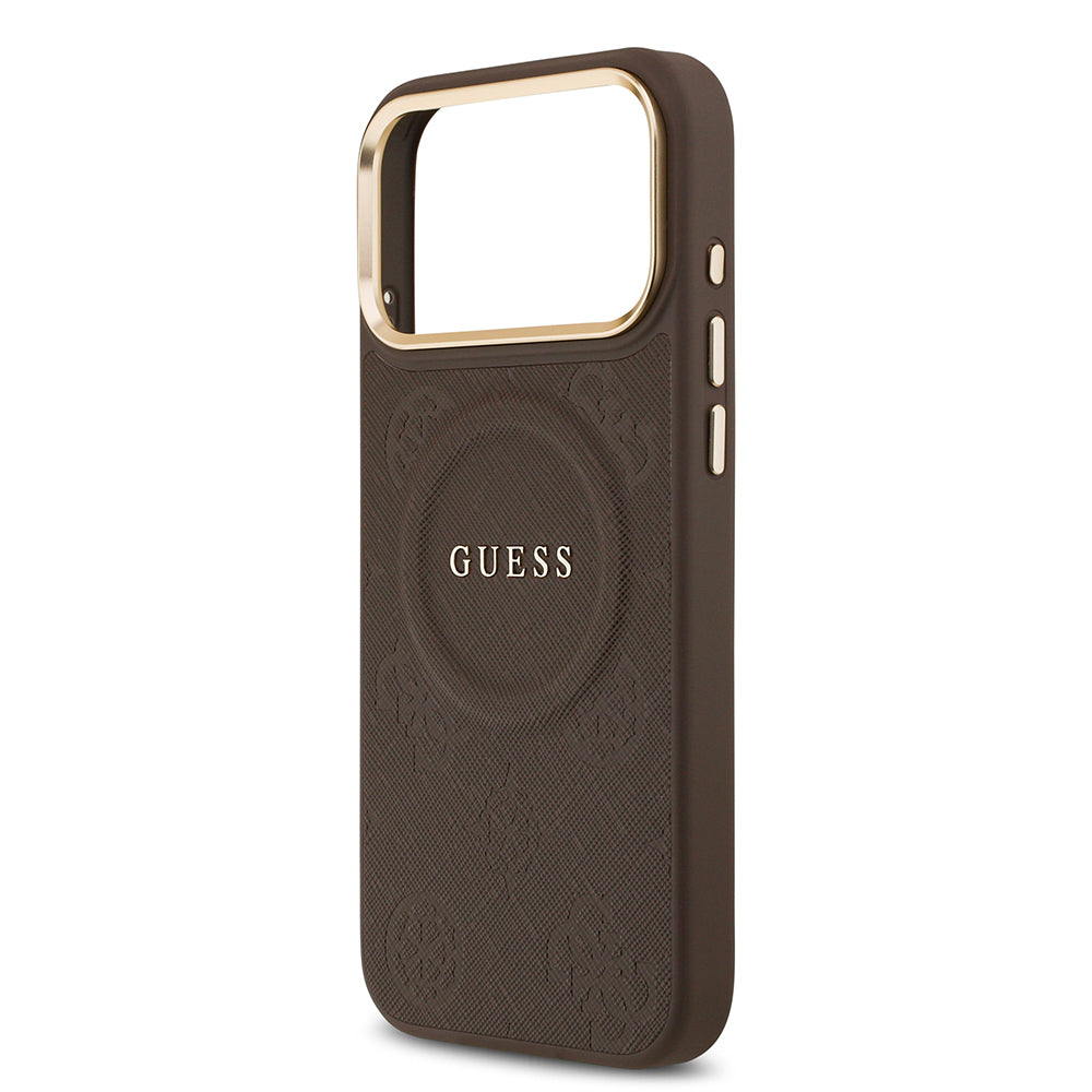 Apple iPhone 17 Pro Max Kılıf Guess Orjinal Lisanslı M-safe Şarj Özellikli Sıcak Baskılı Yazı Logolu PU Deri Peony Kapak Pembe