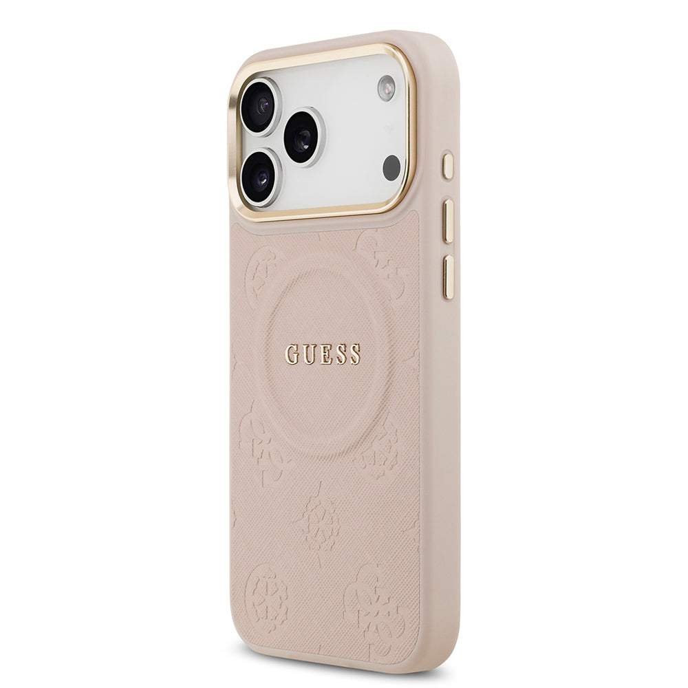 Apple iPhone 17 Pro Max Kılıf Guess Orjinal Lisanslı M-safe Şarj Özellikli Sıcak Baskılı Yazı Logolu PU Deri Peony Kapak Kahverengi
