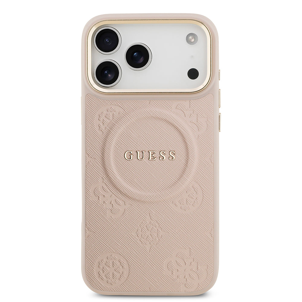Apple iPhone 17 Pro Max Kılıf Guess Orjinal Lisanslı M-safe Şarj Özellikli Sıcak Baskılı Yazı Logolu PU Deri Peony Kapak Kahverengi