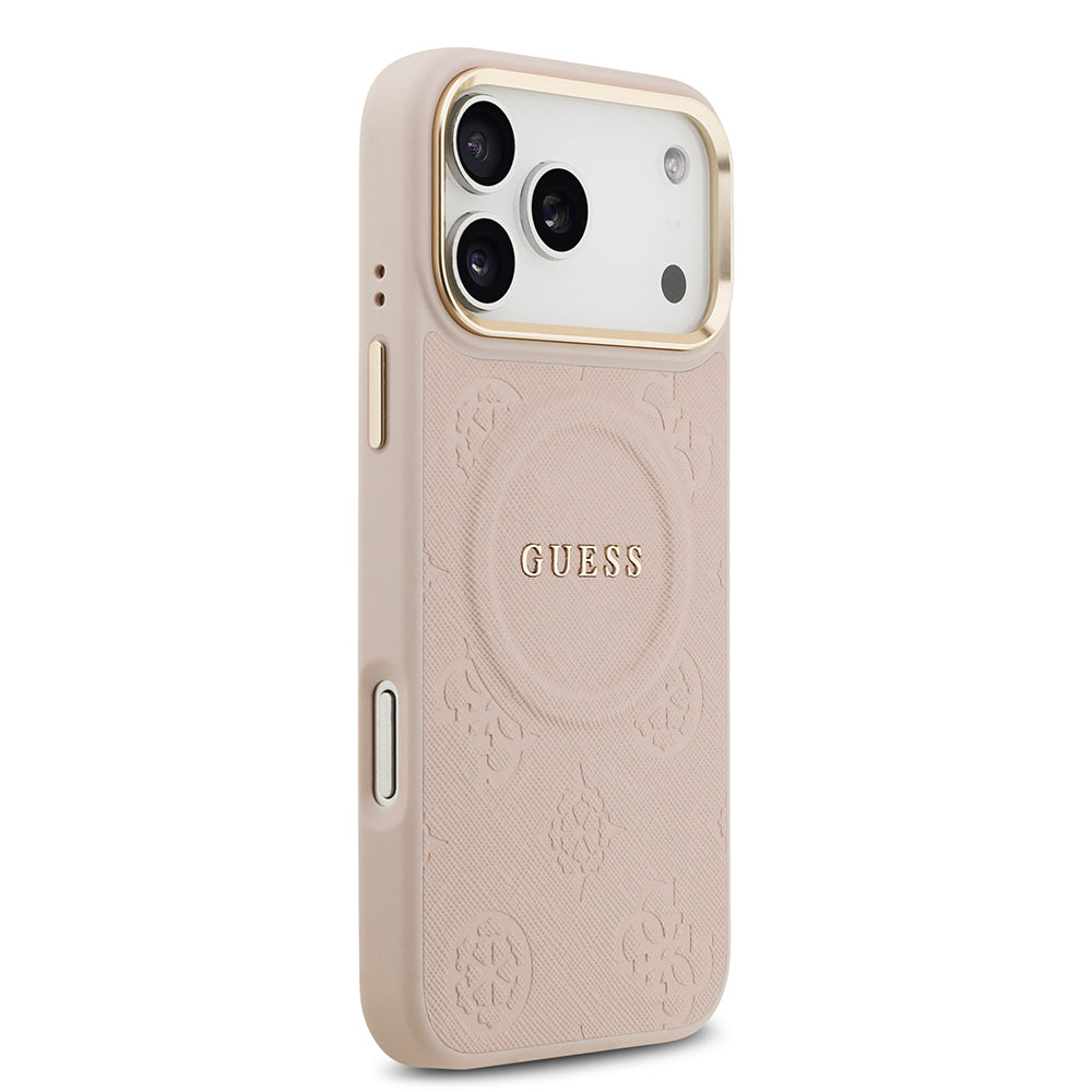 Apple iPhone 17 Pro Max Kılıf Guess Orjinal Lisanslı M-safe Şarj Özellikli Sıcak Baskılı Yazı Logolu PU Deri Peony Kapak Kahverengi