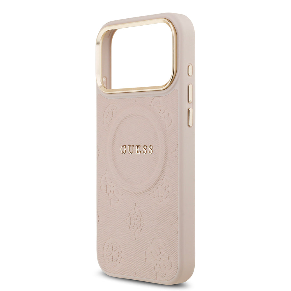 Apple iPhone 17 Pro Max Kılıf Guess Orjinal Lisanslı M-safe Şarj Özellikli Sıcak Baskılı Yazı Logolu PU Deri Peony Kapak Kahverengi