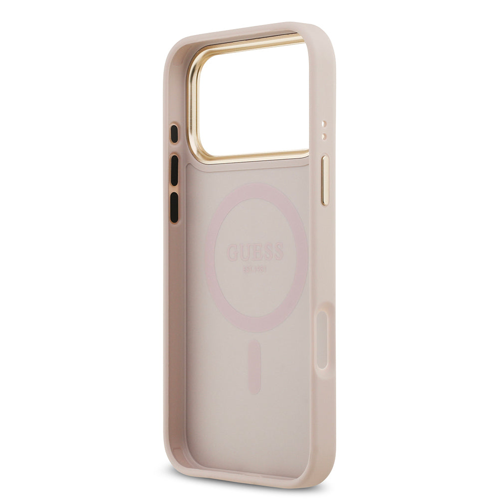 Apple iPhone 17 Pro Max Kılıf Guess Orjinal Lisanslı M-safe Şarj Özellikli Sıcak Baskılı Yazı Logolu PU Deri Peony Kapak Kahverengi