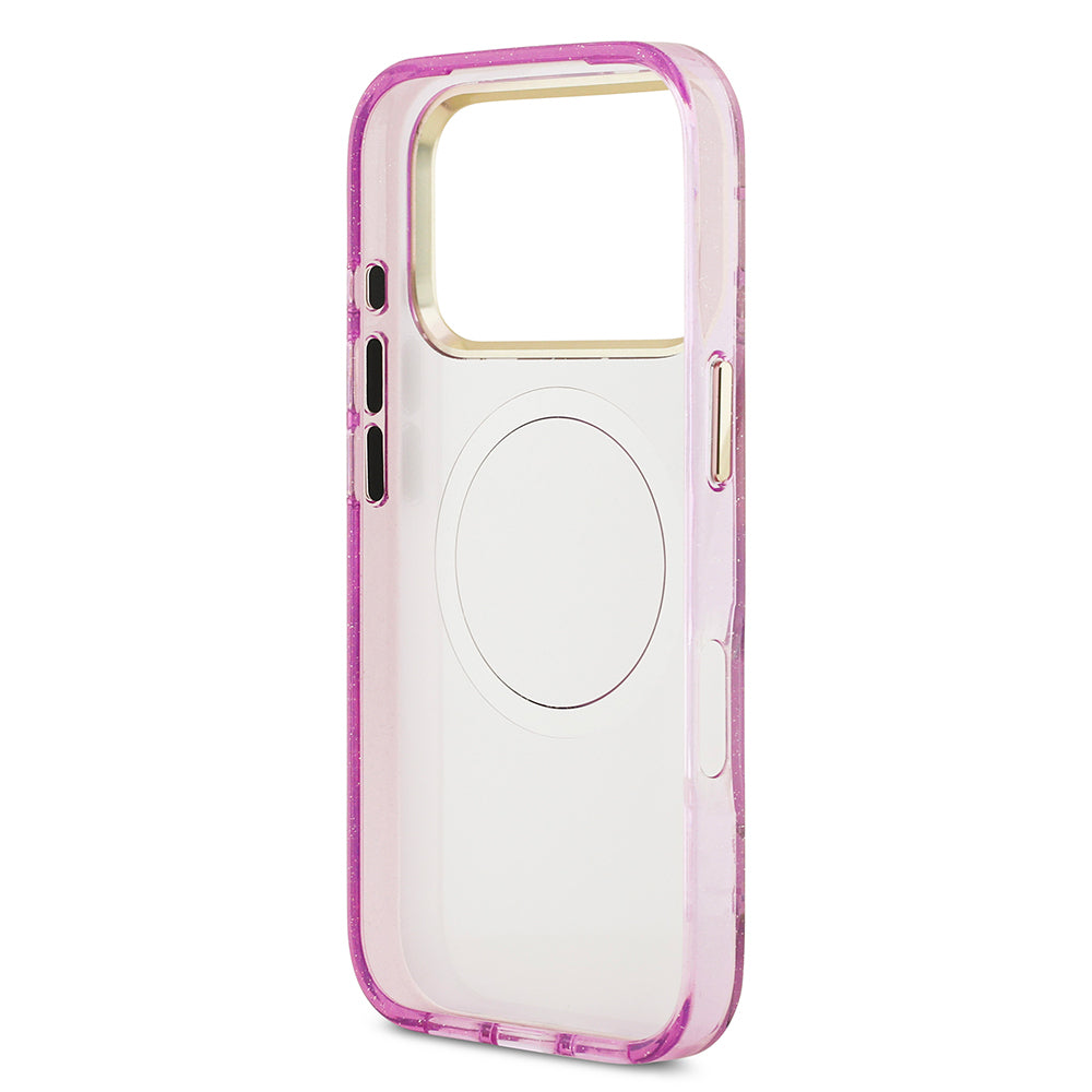 Apple iPhone 17 Pro Max Kılıf Guess Orjinal Lisanslı M-safe Şarj Özellikli Simli Çiçek Desenli Metal Kamera Çerçeveli Üçgen Logolu Kapak Mor