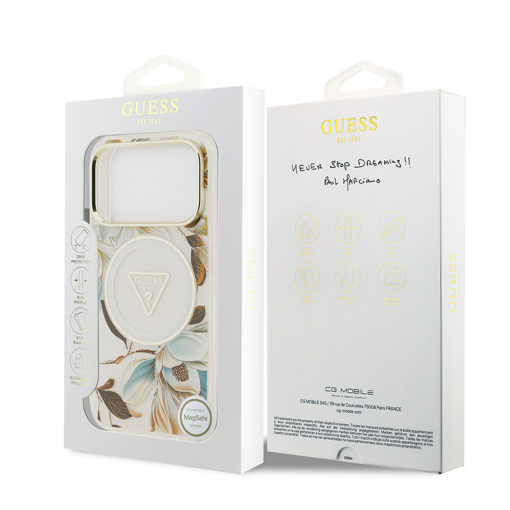 Apple iPhone 17 Pro Max Kılıf Guess Orjinal Lisanslı M-safe Şarj Özellikli Simli Çiçek Desenli Metal Kamera Çerçeveli Üçgen Logolu Kapak Mor