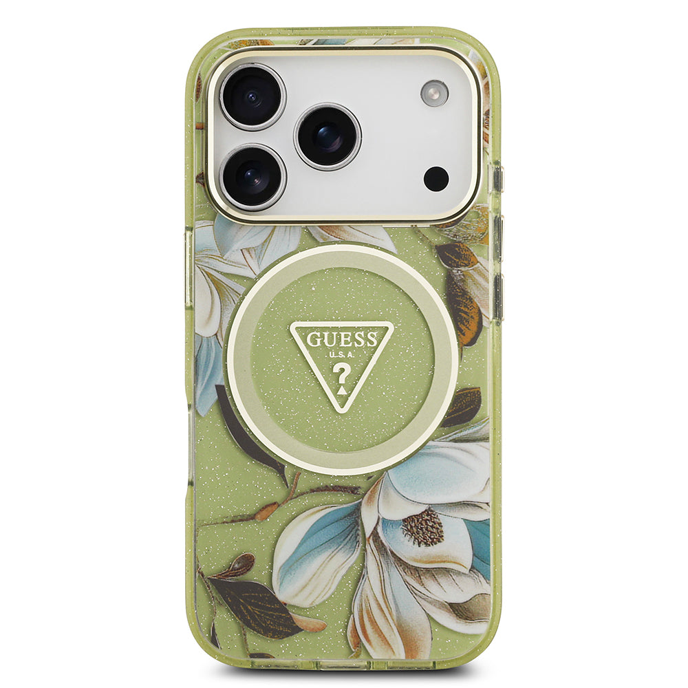 Apple iPhone 17 Pro Max Kılıf Guess Orjinal Lisanslı M-safe Şarj Özellikli Simli Çiçek Desenli Metal Kamera Çerçeveli Üçgen Logolu Kapak Beyaz