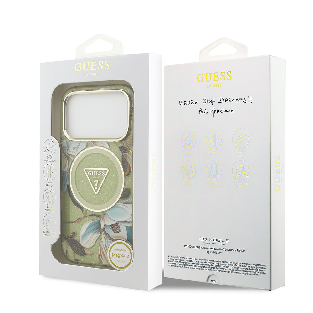 Apple iPhone 17 Pro Max Kılıf Guess Orjinal Lisanslı M-safe Şarj Özellikli Simli Çiçek Desenli Metal Kamera Çerçeveli Üçgen Logolu Kapak Mor