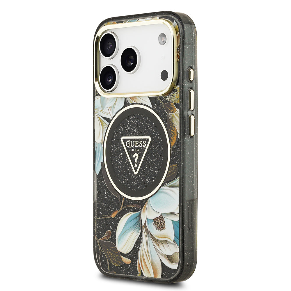 Apple iPhone 17 Pro Max Kılıf Guess Orjinal Lisanslı M-safe Şarj Özellikli Simli Çiçek Desenli Metal Kamera Çerçeveli Üçgen Logolu Kapak Siyah