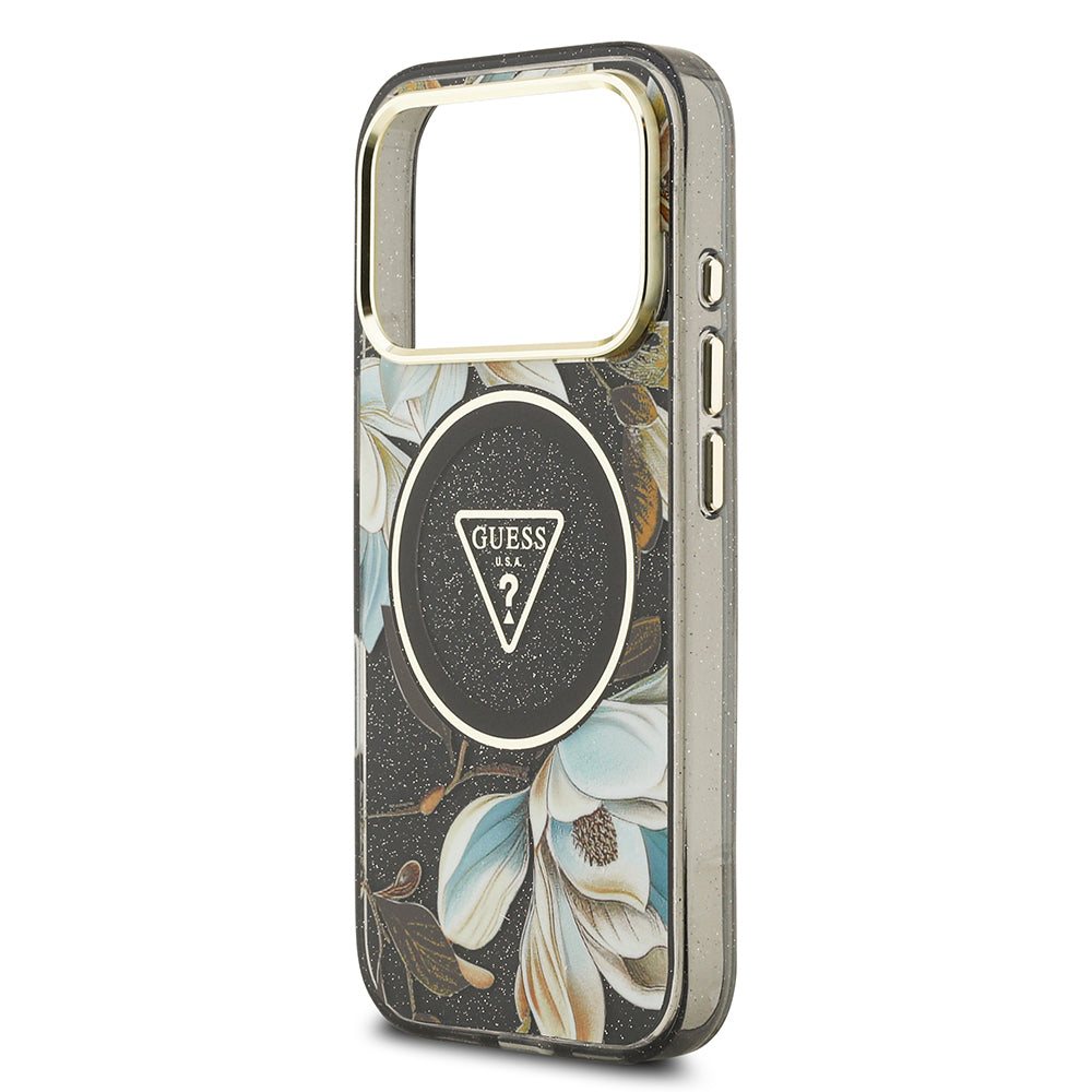 Apple iPhone 17 Pro Max Kılıf Guess Orjinal Lisanslı M-safe Şarj Özellikli Simli Çiçek Desenli Metal Kamera Çerçeveli Üçgen Logolu Kapak Beyaz