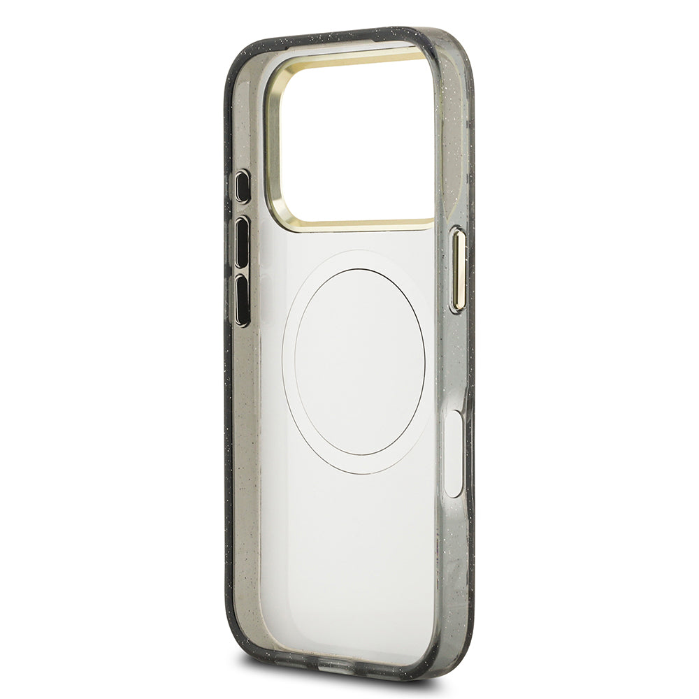 Apple iPhone 17 Pro Max Kılıf Guess Orjinal Lisanslı M-safe Şarj Özellikli Simli Çiçek Desenli Metal Kamera Çerçeveli Üçgen Logolu Kapak Beyaz