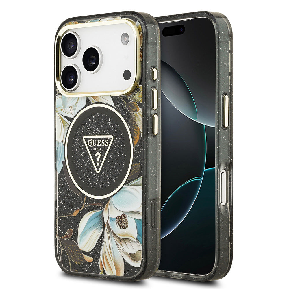 Apple iPhone 17 Pro Max Kılıf Guess Orjinal Lisanslı M-safe Şarj Özellikli Simli Çiçek Desenli Metal Kamera Çerçeveli Üçgen Logolu Kapak Siyah