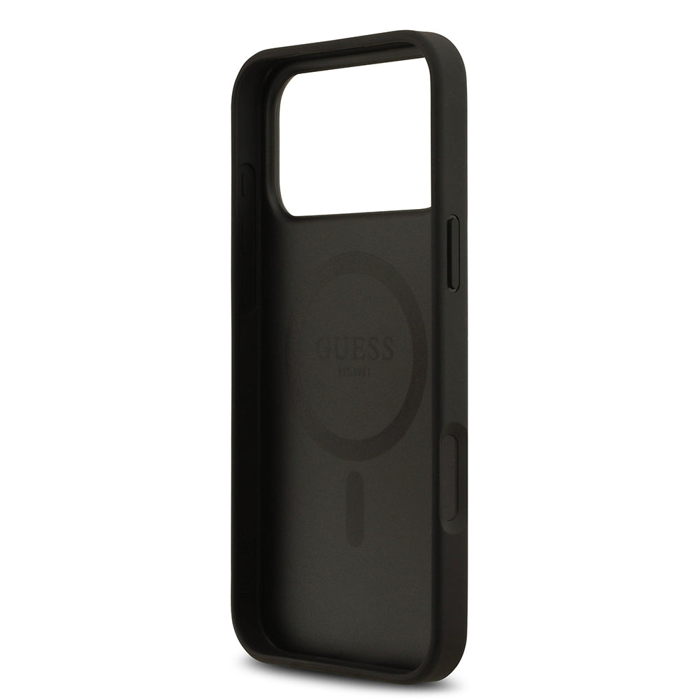 Apple iPhone 17 Pro Max Kılıf Guess Orjinal Lisanslı M-safe Şarj Özellikli Taneli Çiçek Tasarımlı Metal Yazı Logolu Kapak Pembe