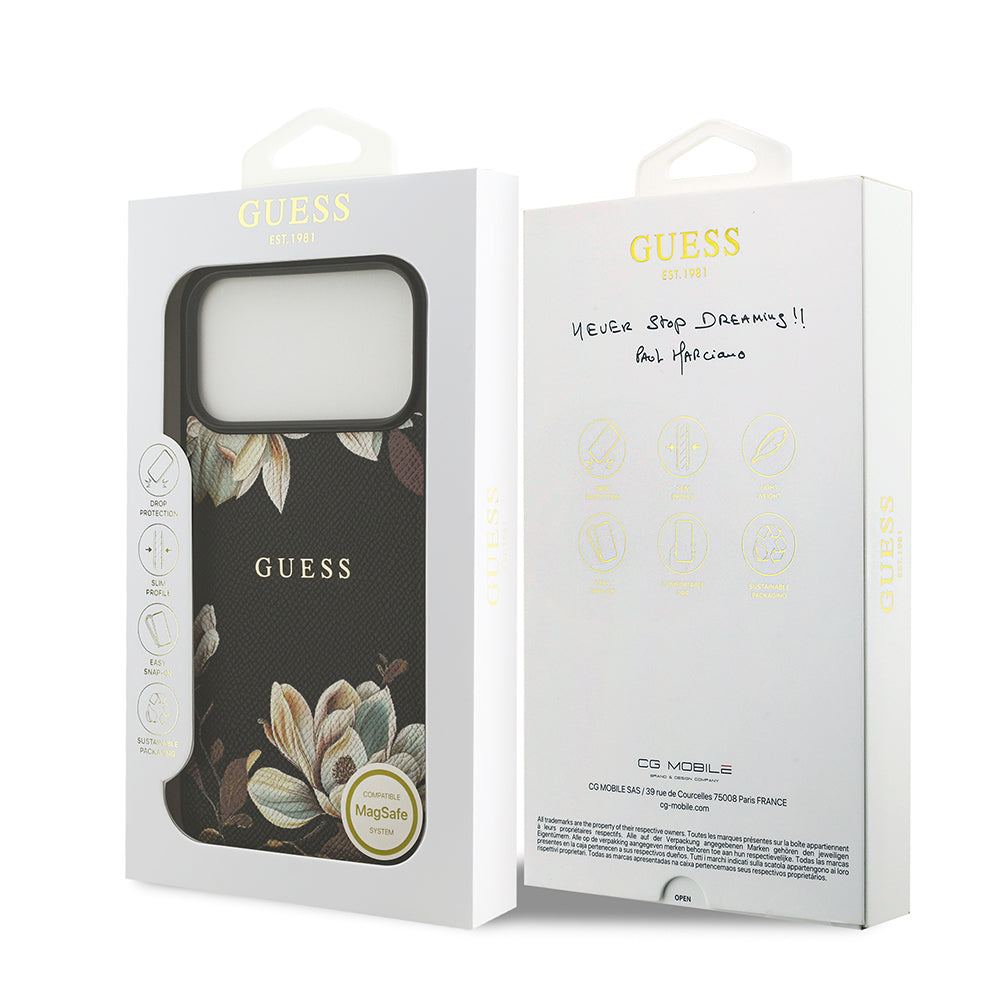 Apple iPhone 17 Pro Max Kılıf Guess Orjinal Lisanslı M-safe Şarj Özellikli Taneli Çiçek Tasarımlı Metal Yazı Logolu Kapak Pembe