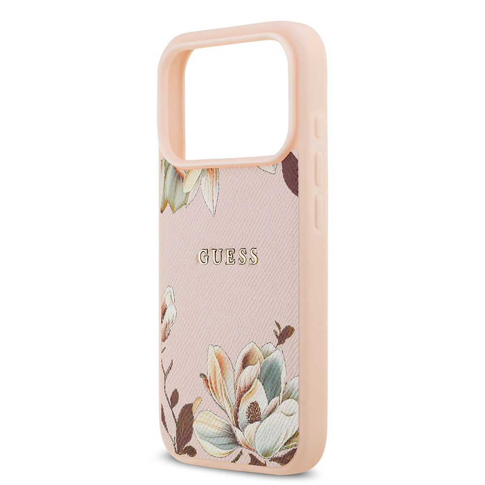 Apple iPhone 17 Pro Max Kılıf Guess Orjinal Lisanslı M-safe Şarj Özellikli Taneli Çiçek Tasarımlı Metal Yazı Logolu Kapak Pembe