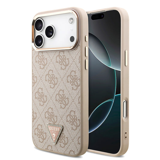 Apple iPhone 17 Pro Max Kılıf Guess Orjinal Lisanslı M-safe Şarj Özellikli Taşlı Üçgen Logo 4G Desenli Kapak Siyah