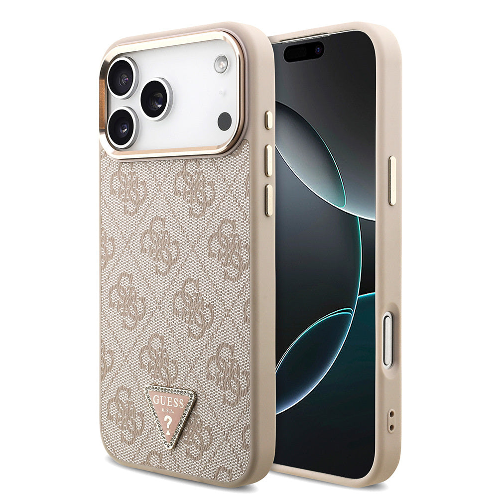 Apple iPhone 17 Pro Max Kılıf Guess Orjinal Lisanslı M-safe Şarj Özellikli Taşlı Üçgen Logo 4G Desenli Kapak Kahverengi