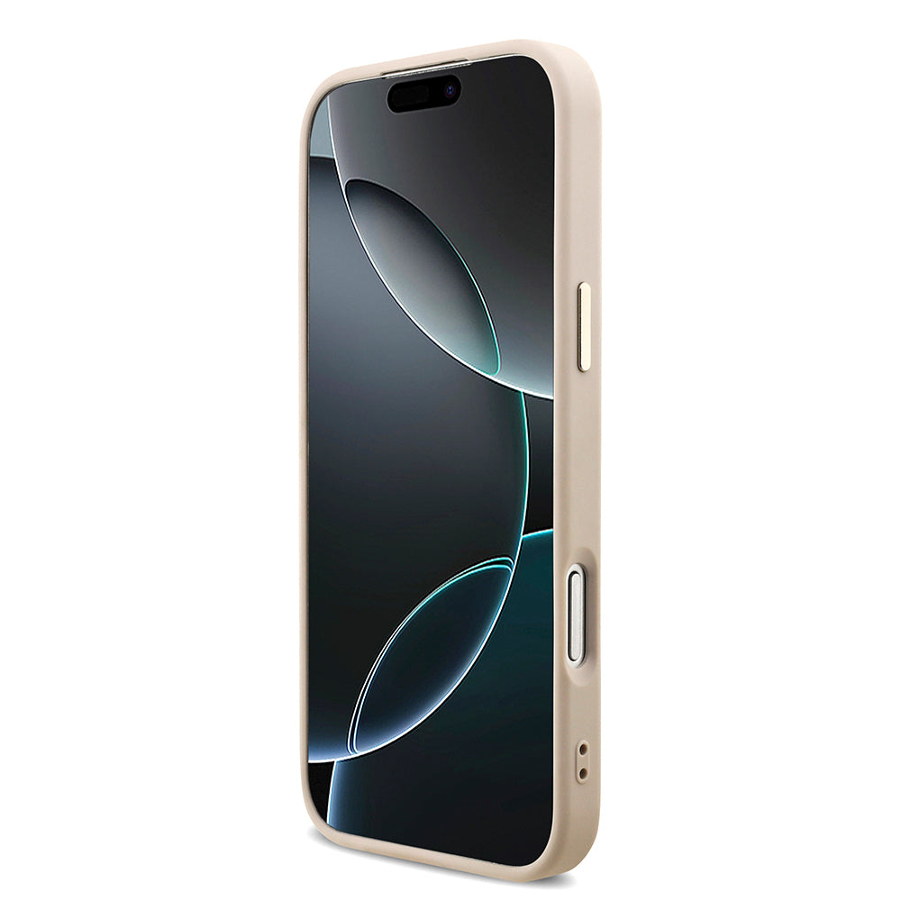 Apple iPhone 17 Pro Max Kılıf Guess Orjinal Lisanslı M-safe Şarj Özellikli Taşlı Üçgen Logo 4G Desenli Kapak Pembe