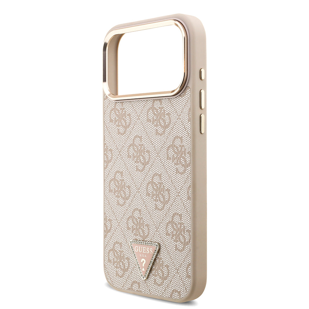 Apple iPhone 17 Pro Max Kılıf Guess Orjinal Lisanslı M-safe Şarj Özellikli Taşlı Üçgen Logo 4G Desenli Kapak Pembe