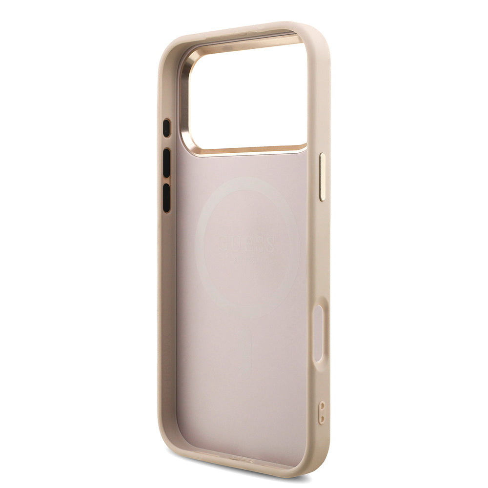 Apple iPhone 17 Pro Max Kılıf Guess Orjinal Lisanslı M-safe Şarj Özellikli Taşlı Üçgen Logo 4G Desenli Kapak Pembe