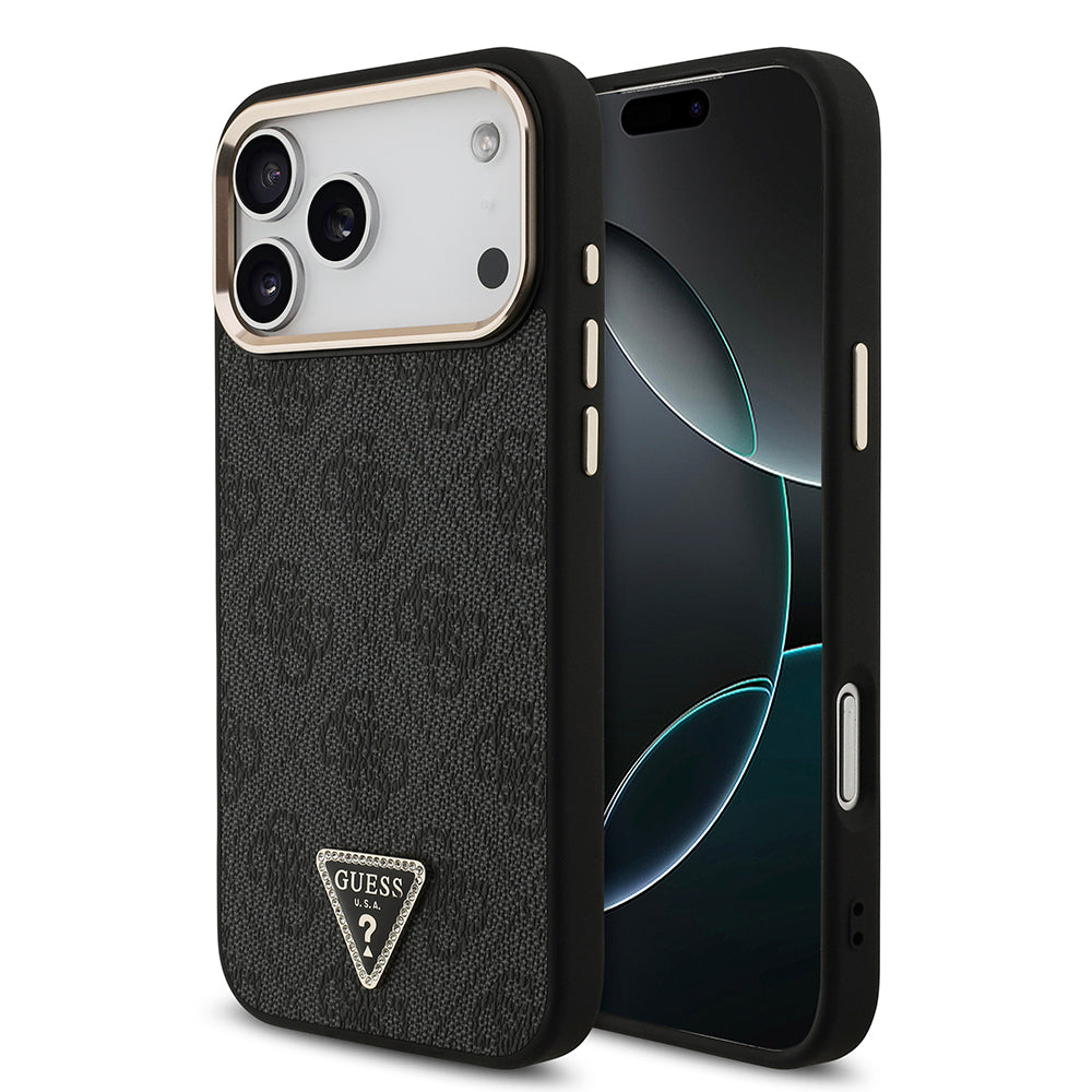 Apple iPhone 17 Pro Max Kılıf Guess Orjinal Lisanslı M-safe Şarj Özellikli Taşlı Üçgen Logo 4G Desenli Kapak Siyah