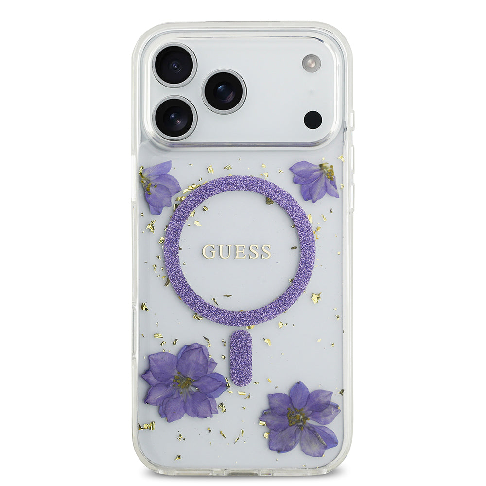 Apple iPhone 17 Pro Max Kılıf Guess Orjinal Lisanslı M-safe Şarj Özellikli Transparan Resin Flowers Kapak Pembe