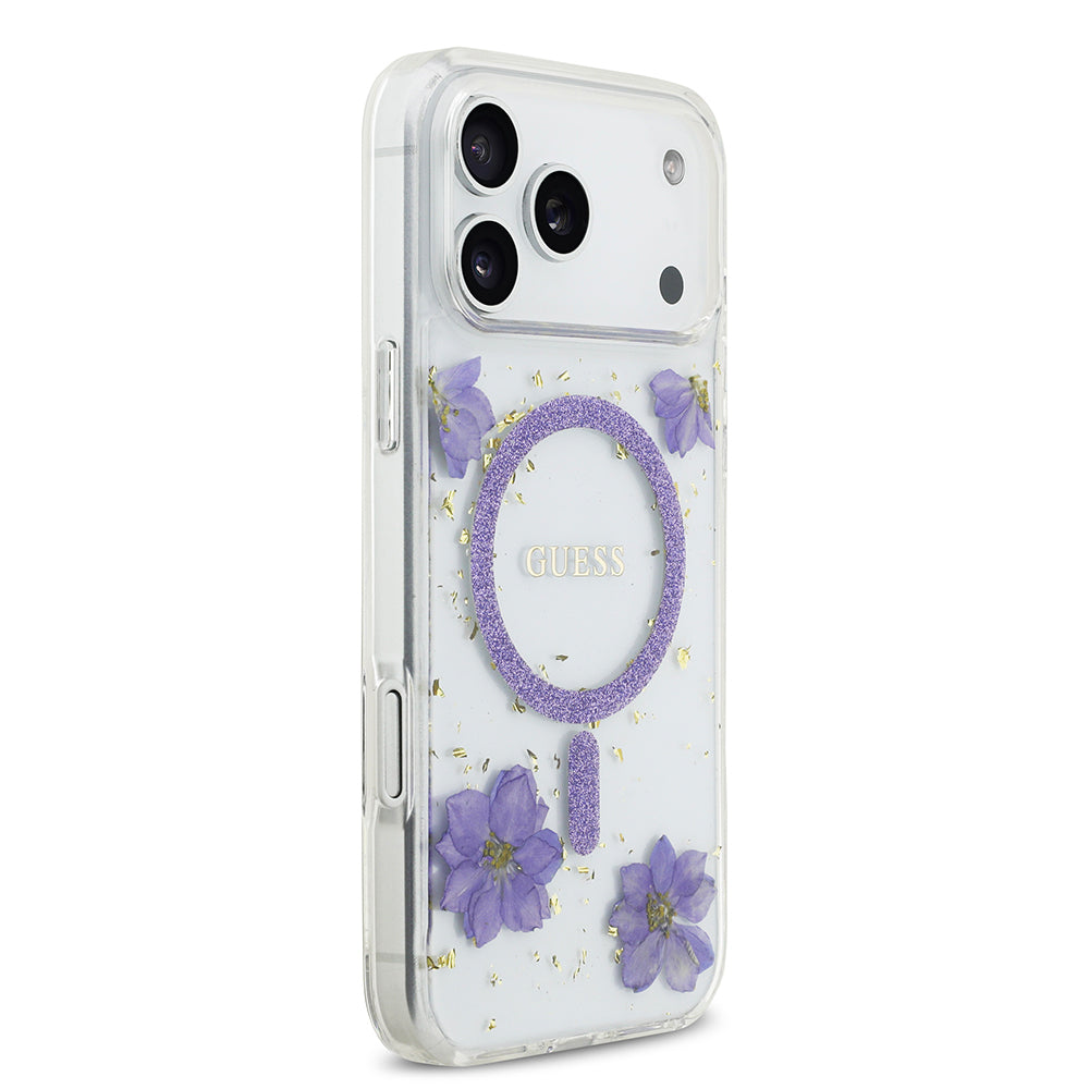 Apple iPhone 17 Pro Max Kılıf Guess Orjinal Lisanslı M-safe Şarj Özellikli Transparan Resin Flowers Kapak Mor