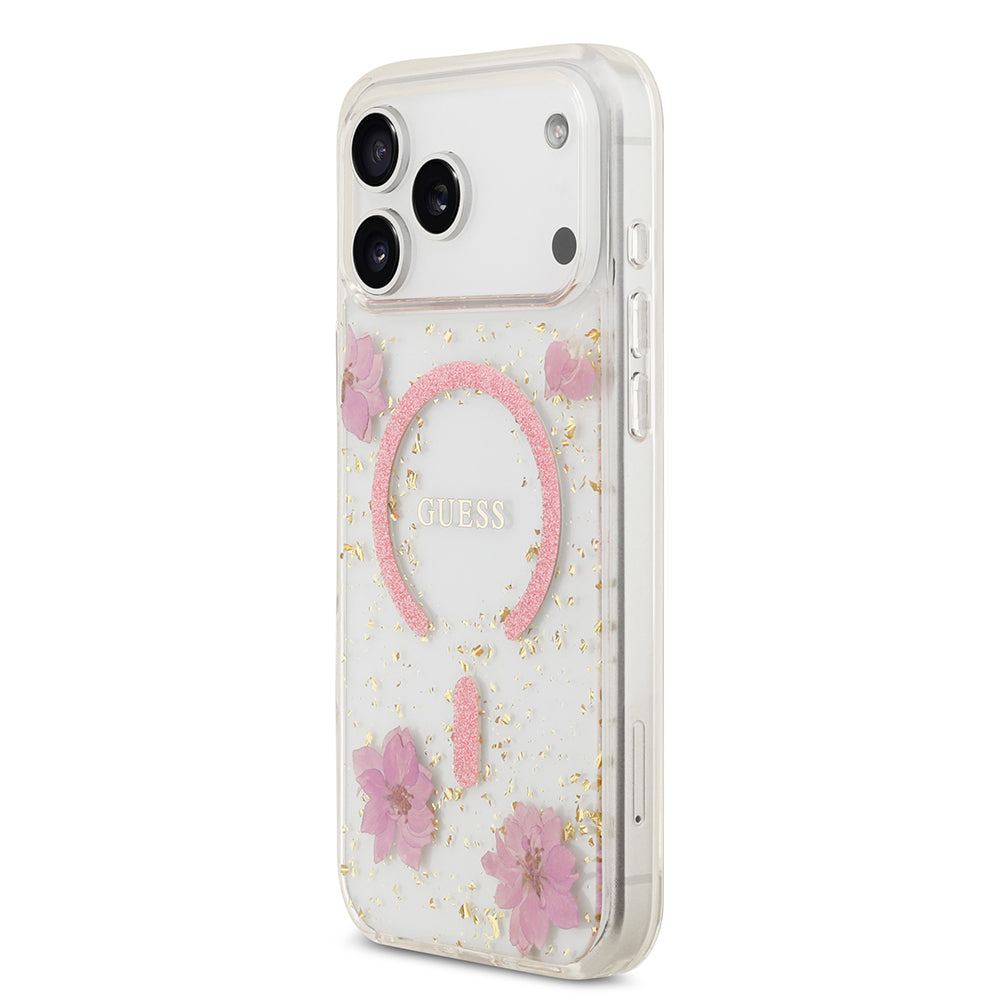 Apple iPhone 17 Pro Max Kılıf Guess Orjinal Lisanslı M-safe Şarj Özellikli Transparan Resin Flowers Kapak Pembe