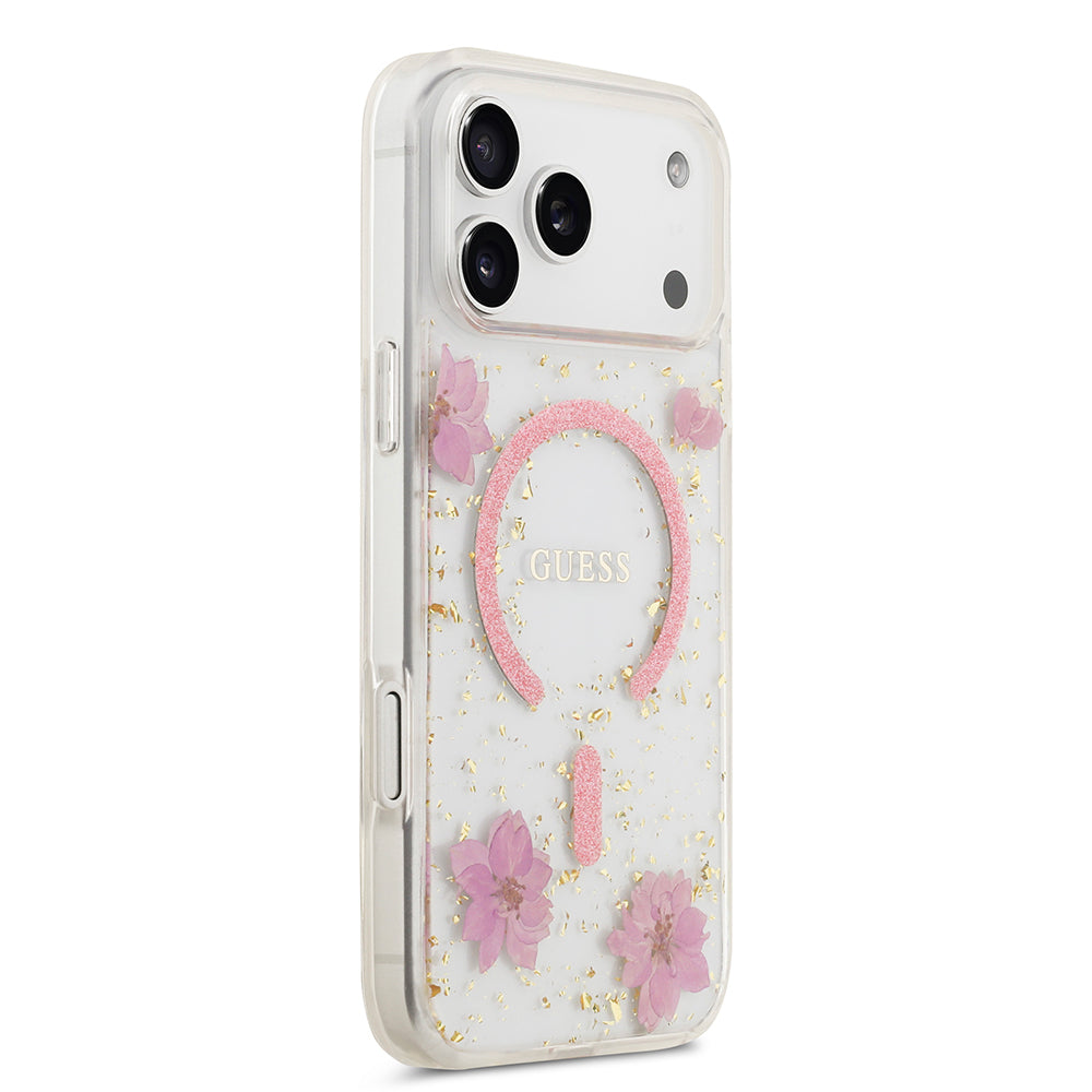 Apple iPhone 17 Pro Max Kılıf Guess Orjinal Lisanslı M-safe Şarj Özellikli Transparan Resin Flowers Kapak Pembe
