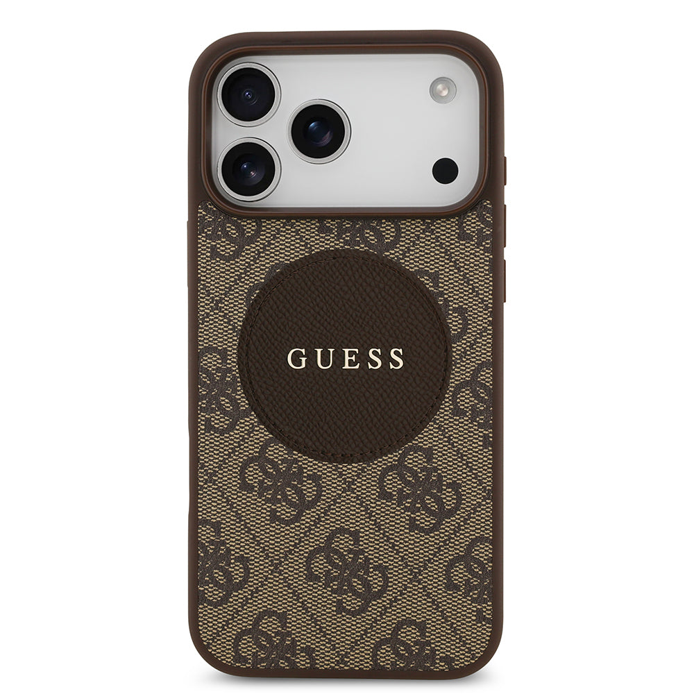 Apple iPhone 17 Pro Max Kılıf Guess Orjinal Lisanslı M-safe Şarj Özellikli Yazı Logolu Circle Classic Kapak Kahverengi
