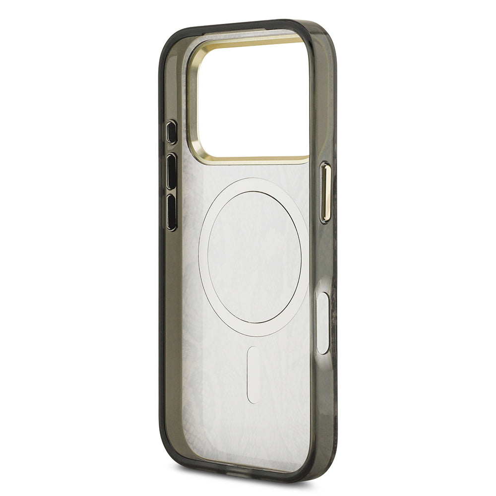 Apple iPhone 17 Pro Max Kılıf Guess Orjinal Lisanslı M-safe Şarj Özellikli Yazı Logolu Python Desenli Kapak Kahverengi